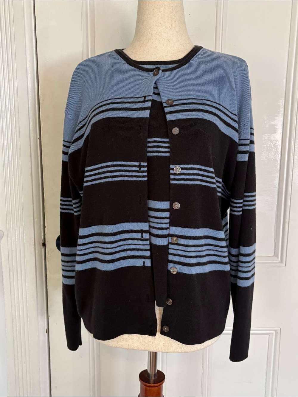 Jillian Jones PL Sweater Set Blue Black Striped Cardigan Tank 100% Cotton